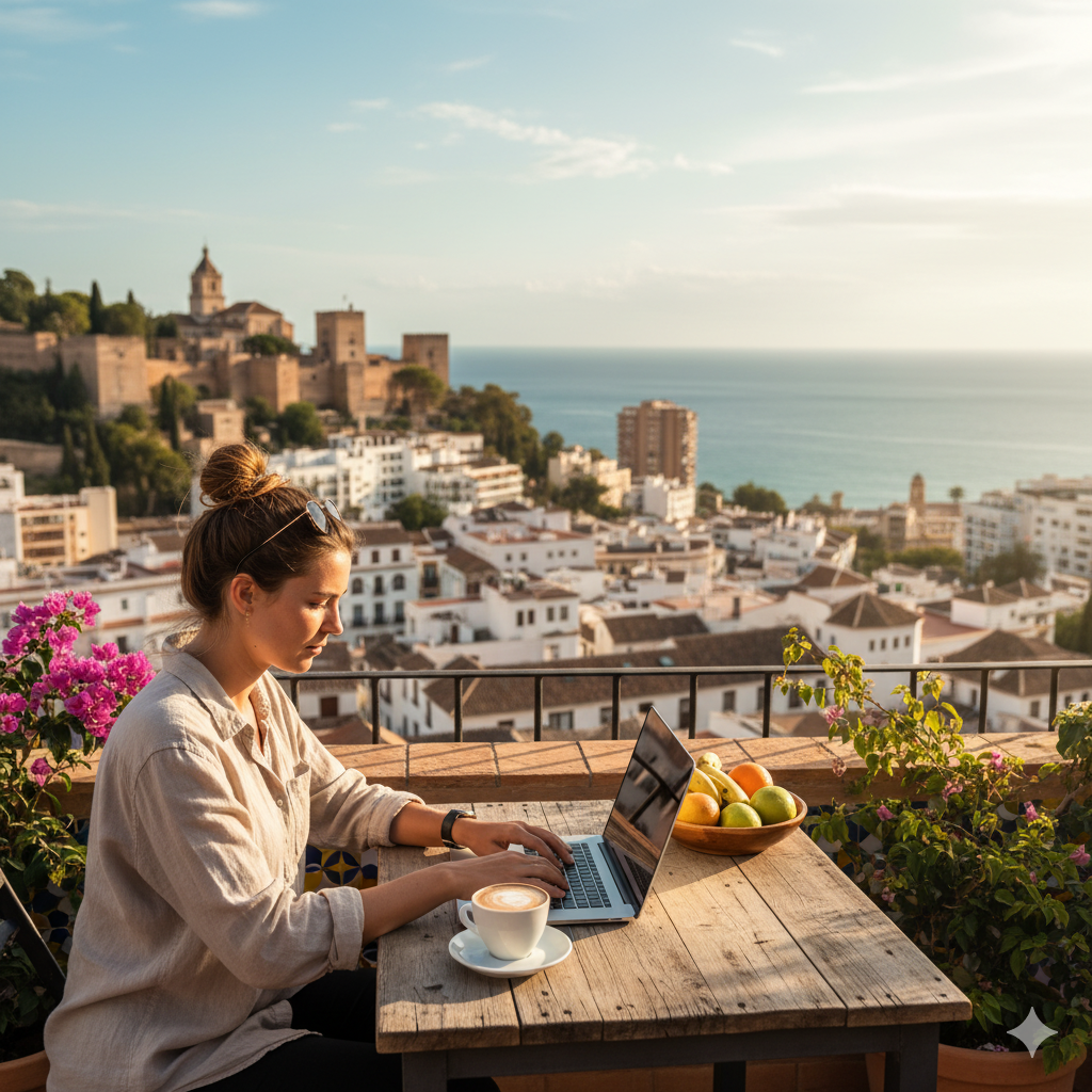 Nómada digital trabajando con vistas en España